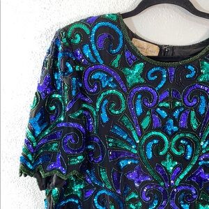 Laurence Kazar Vintage Beaded Sequin Top 1X Plus Blue Green Party Evening Blouse